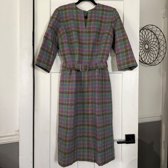 50's Vintage Handmade Purple & Green Wool Belted Sheath Dress Sz M? - Picture 1 of 9